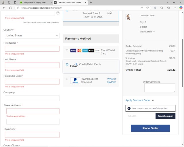 DeadGoodUndies checkout page showing DeadGoodUndies promo code box | Screenshot taken by SimplyCodes community member on Dec 23, 2024