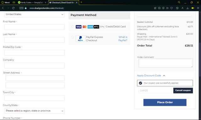 DeadGoodUndies checkout page showing DeadGoodUndies promo code box | Screenshot taken by SimplyCodes community member on Jan 28, 2025