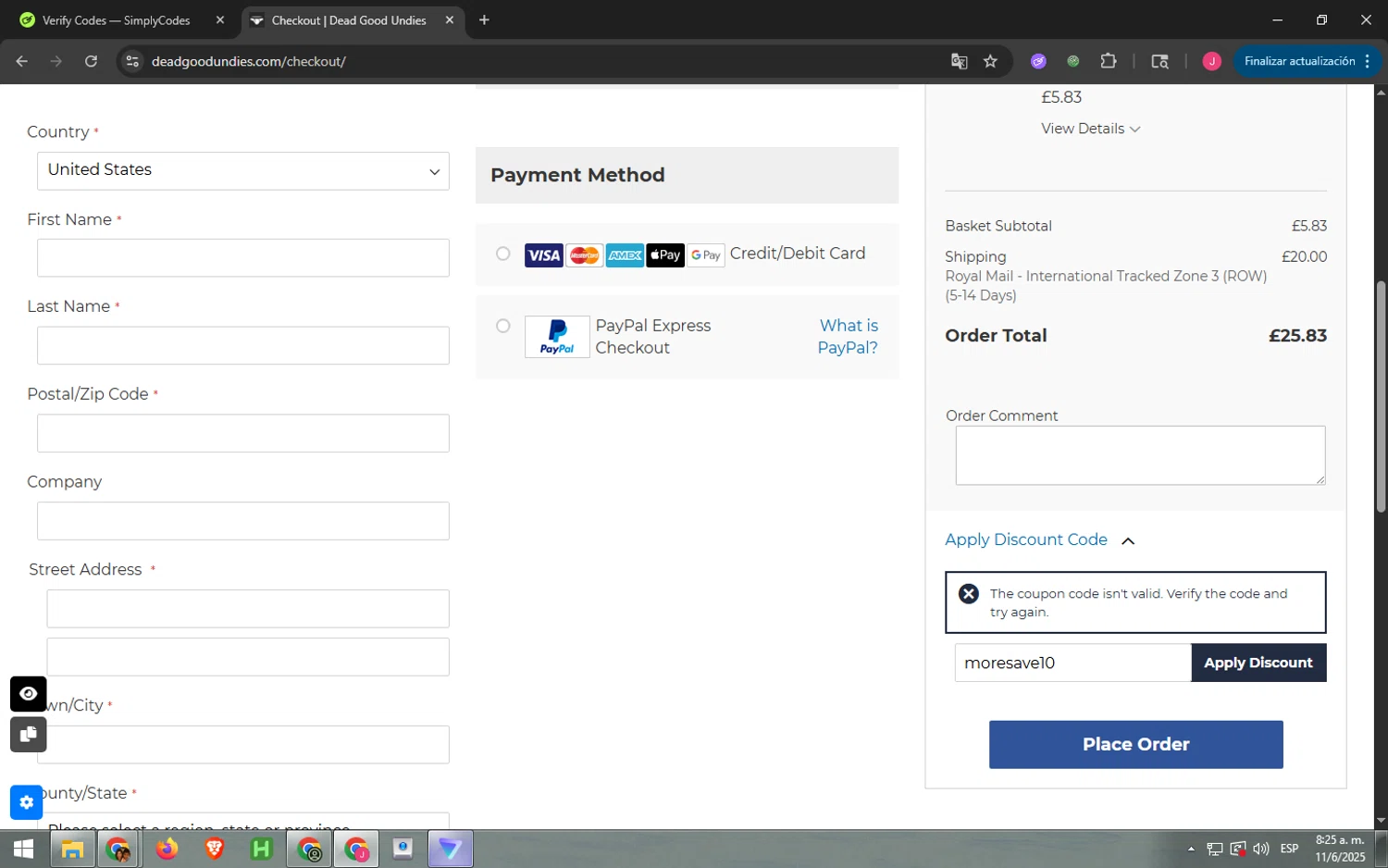 DeadGoodUndies promo code screenshot showing code moresave10 applied at DeadGoodUndies checkout page. Uploaded by SimplyCodes community member BargainTitan4401 on Jun 11, 2025