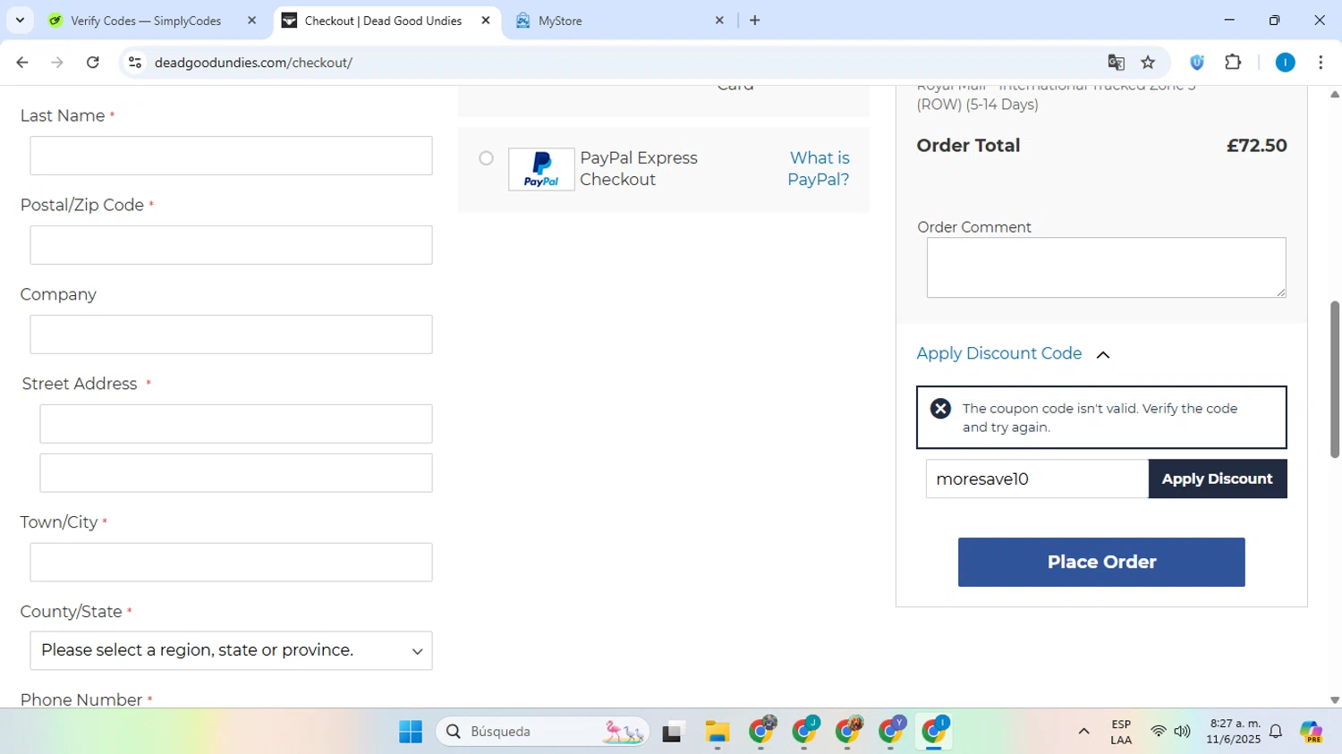 DeadGoodUndies promo code screenshot showing code moresave10 applied at DeadGoodUndies checkout page. Uploaded by SimplyCodes community member Derecksrob on Jun 11, 2025