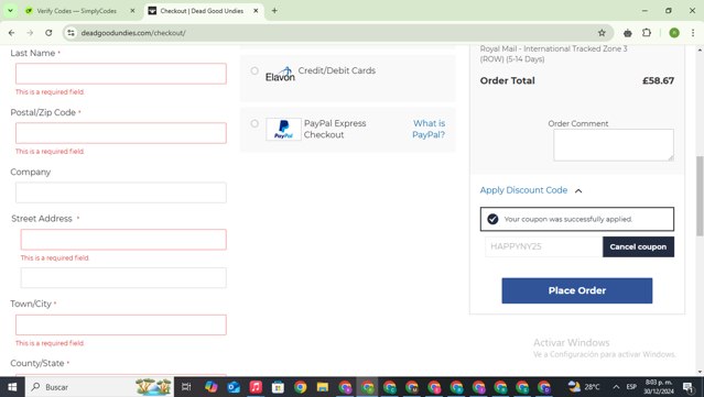 DeadGoodUndies checkout page showing DeadGoodUndies promo code box | Screenshot taken by SimplyCodes community member on Dec 31, 2024