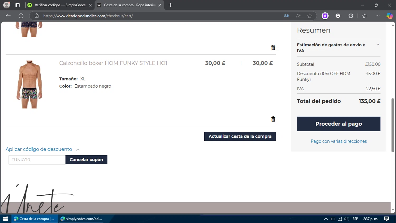 DeadGoodUndies promo code screenshot showing code FUNKY10 applied at DeadGoodUndies checkout page. Uploaded by SimplyCodes community member Billy2222 on Mar 27, 2025