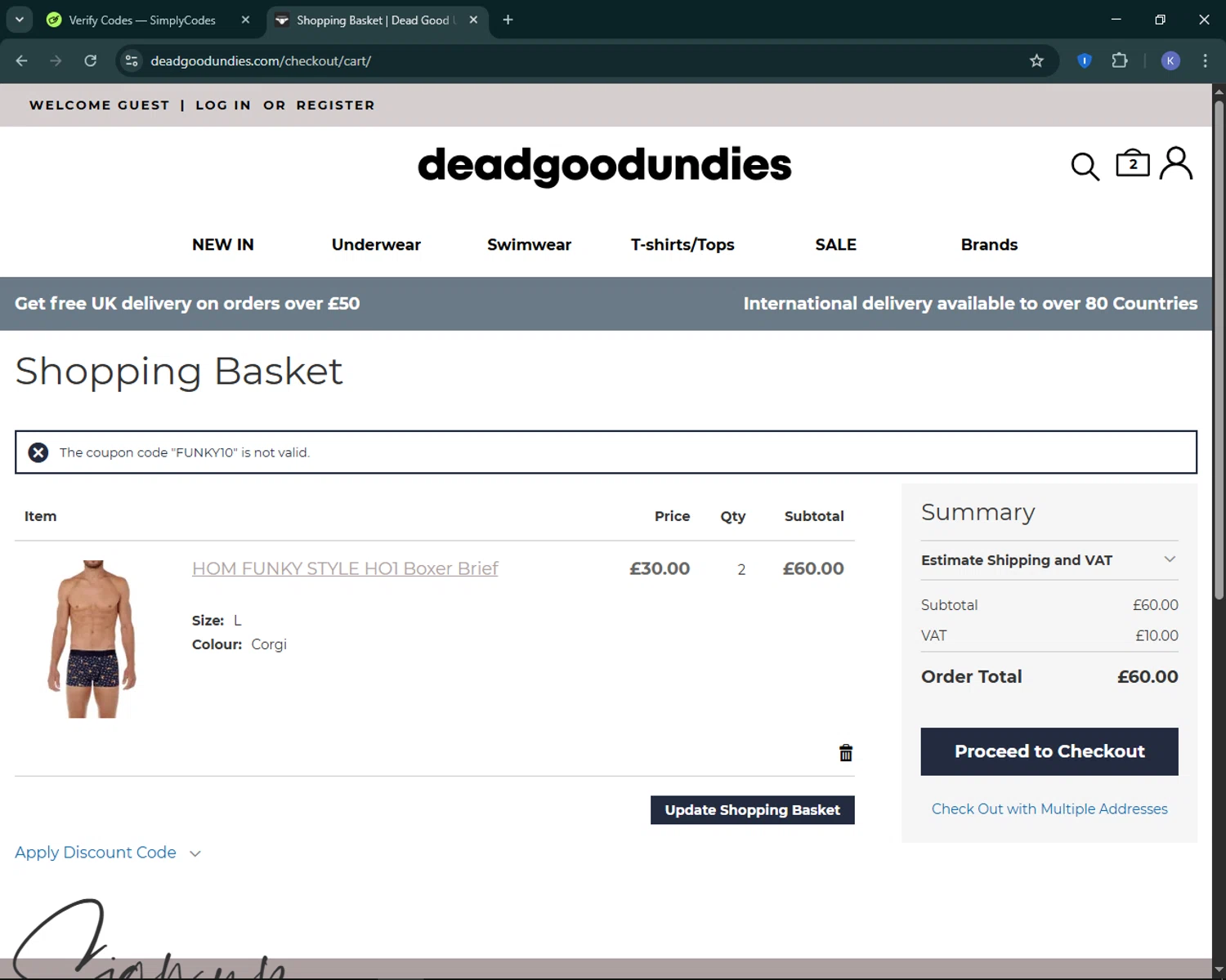 DeadGoodUndies promo code screenshot showing code FUNKY10 applied at DeadGoodUndies checkout page. Uploaded by SimplyCodes community member KevLapage on Apr 25, 2025