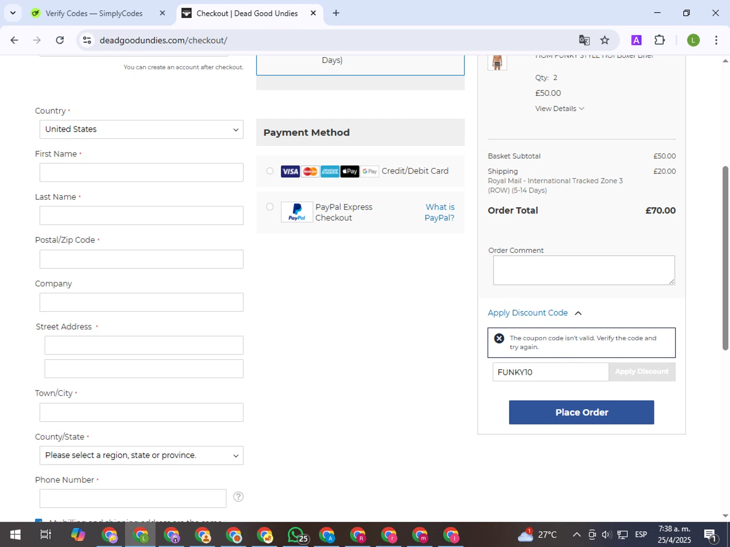DeadGoodUndies promo code screenshot showing code FUNKY10 applied at DeadGoodUndies checkout page. Uploaded by SimplyCodes community member BargainEagle9039 on Apr 25, 2025
