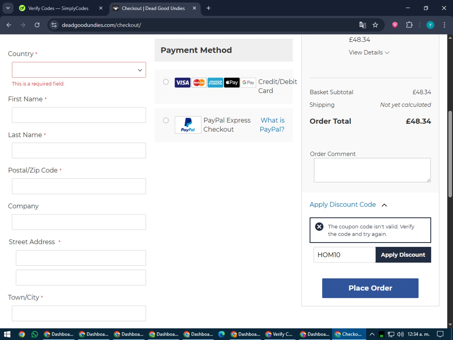 DeadGoodUndies promo code screenshot showing code HOM10 applied at DeadGoodUndies checkout page. Uploaded by SimplyCodes community member RoyalEagle4794 on Jun 8, 2025