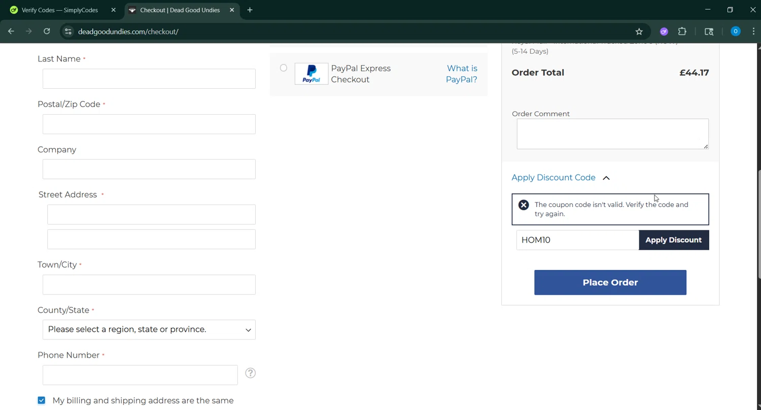 DeadGoodUndies promo code screenshot showing code HOM10 applied at DeadGoodUndies checkout page. Uploaded by SimplyCodes community member RoyalSage9159 on Jun 8, 2025