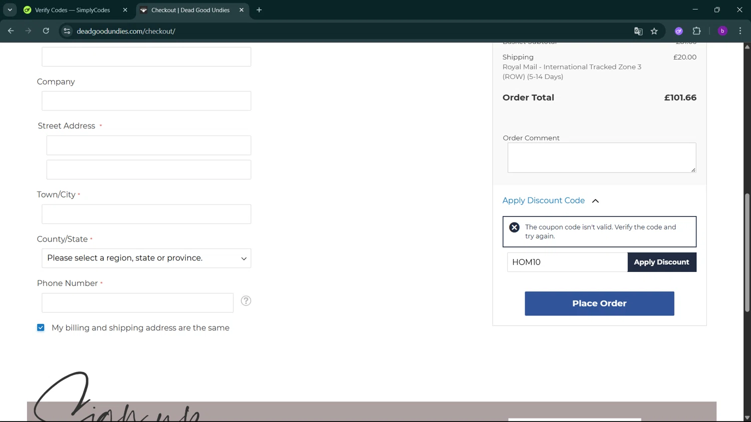 DeadGoodUndies promo code screenshot showing code HOM10 applied at DeadGoodUndies checkout page. Uploaded by SimplyCodes community member RoyalSleuth2430 on Jun 8, 2025