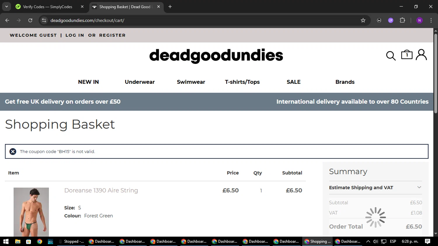 DeadGoodUndies promo code screenshot showing code BH15 applied at DeadGoodUndies checkout page. Uploaded by SimplyCodes community member NATAAAAAANAELCANO on Jun 10, 2025