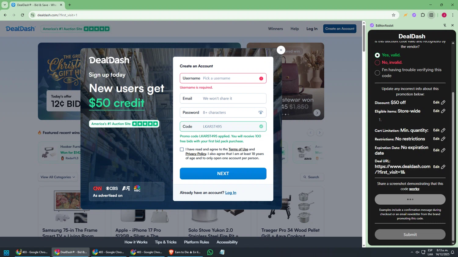DealDash promo code screenshot showing code LKARST495 applied at DealDash checkout page. Uploaded by SimplyCodes community member joaojesus on Dec 14, 2025