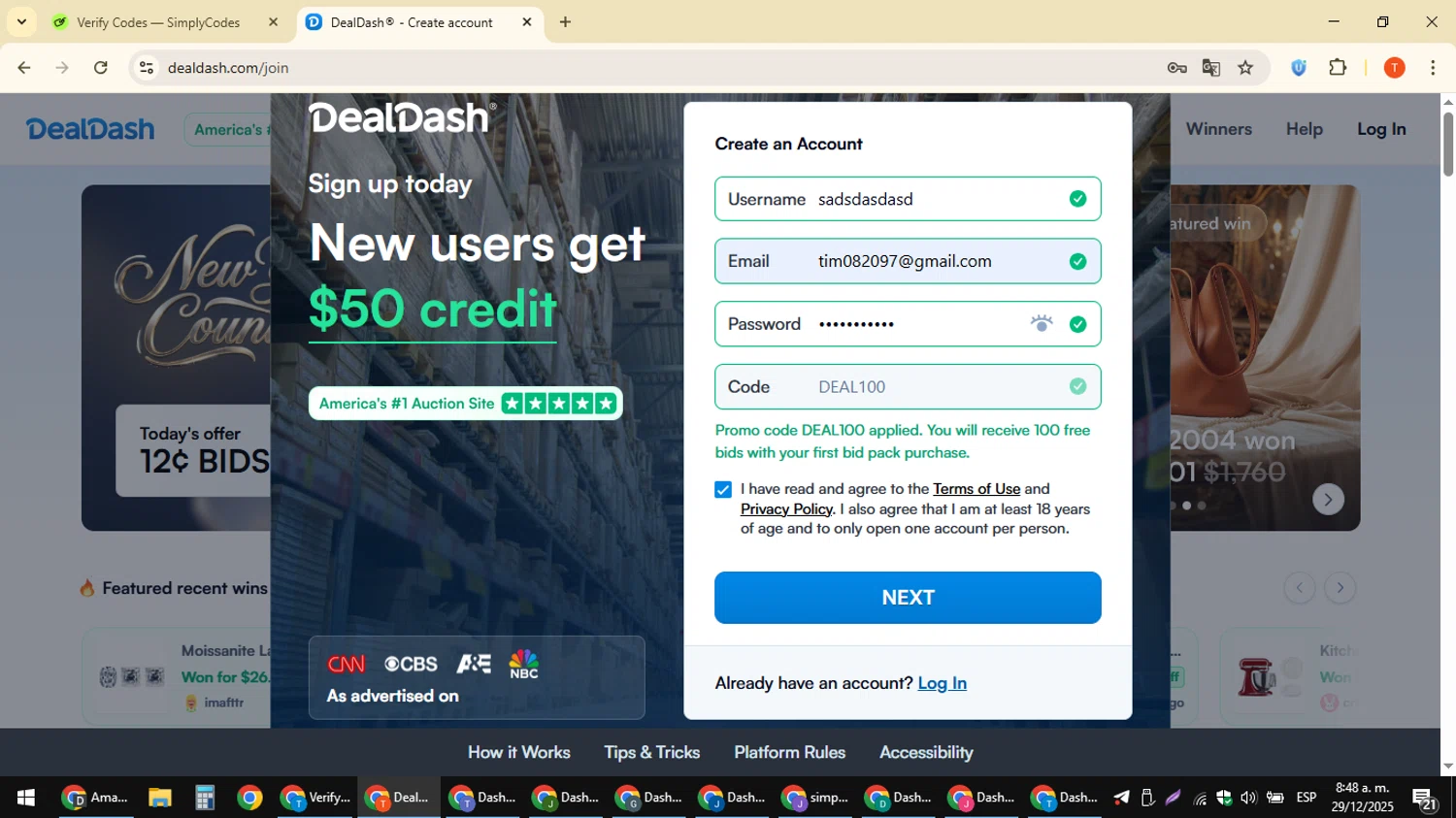 DealDash promo code screenshot showing code DEAL100 applied at DealDash checkout page. Uploaded by SimplyCodes community member ShrewdAce8338 on Dec 29, 2025