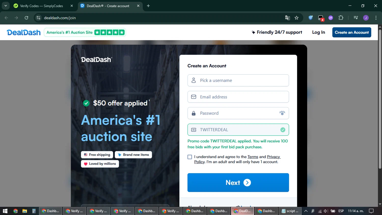 DealDash promo code screenshot showing code TWITTERDEAL applied at DealDash checkout page. Uploaded by SimplyCodes community member sniderjack453 on Mar 25, 2026