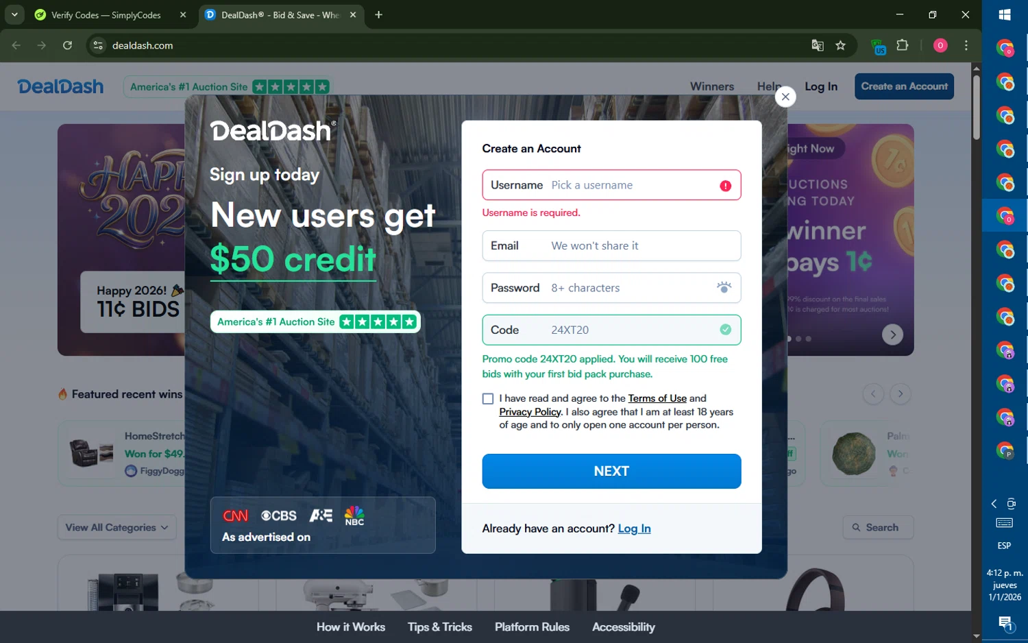 DealDash promo code screenshot showing code 24XT20 applied at DealDash checkout page. Uploaded by SimplyCodes community member LegendaryRanger6350 on Jan 1, 2026
