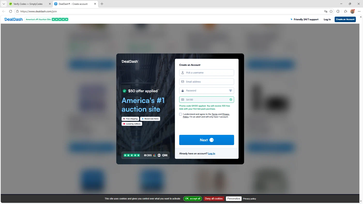 DealDash promo code screenshot showing code SA100 applied at DealDash checkout page. Uploaded by SimplyCodes community member Livingston on Apr 9, 2026