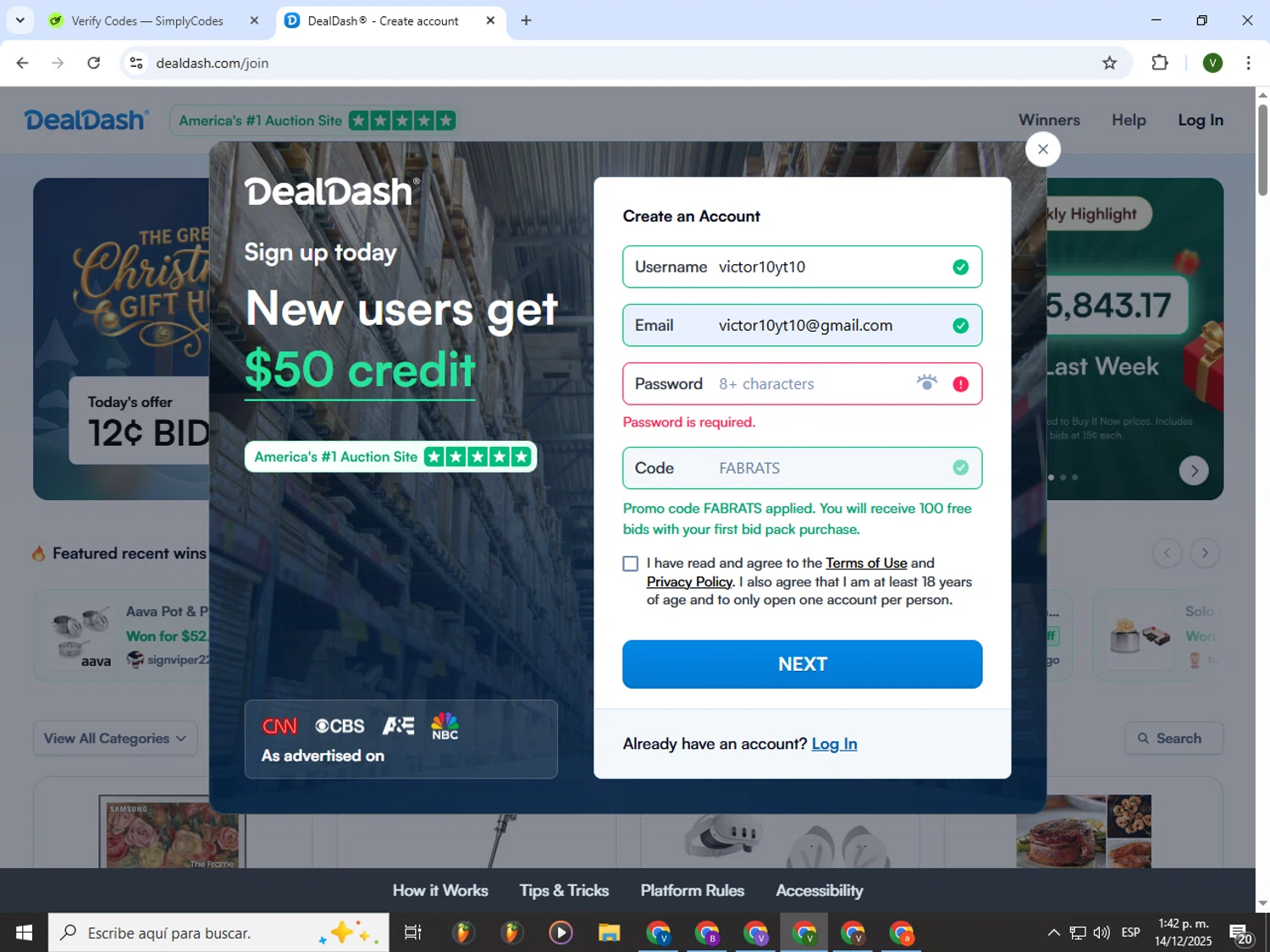 DealDash promo code screenshot showing code FABRATS applied at DealDash checkout page. Uploaded by SimplyCodes community member PrimeWizard4168 on Dec 14, 2025