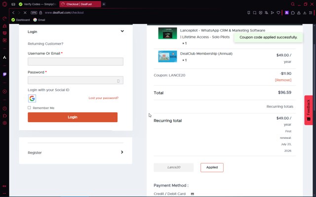 DealFuel checkout page showing DealFuel coupon code box | Screenshot taken by SimplyCodes community member on Jul 23, 2025