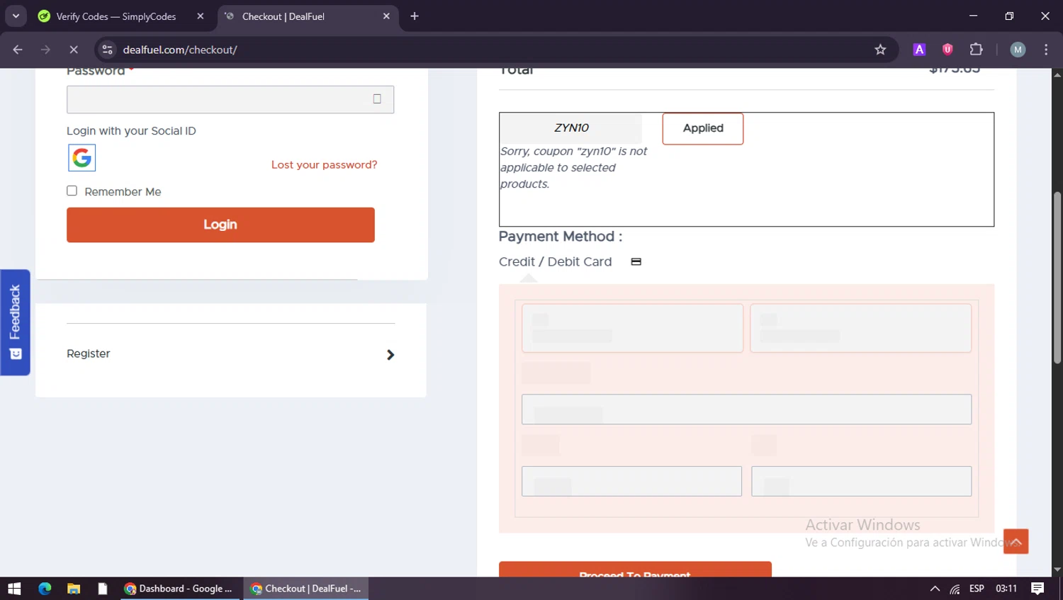 DealFuel promo code screenshot showing code ZYN10 applied at DealFuel checkout page. Uploaded by SimplyCodes community member maraxo on Jan 20, 2026