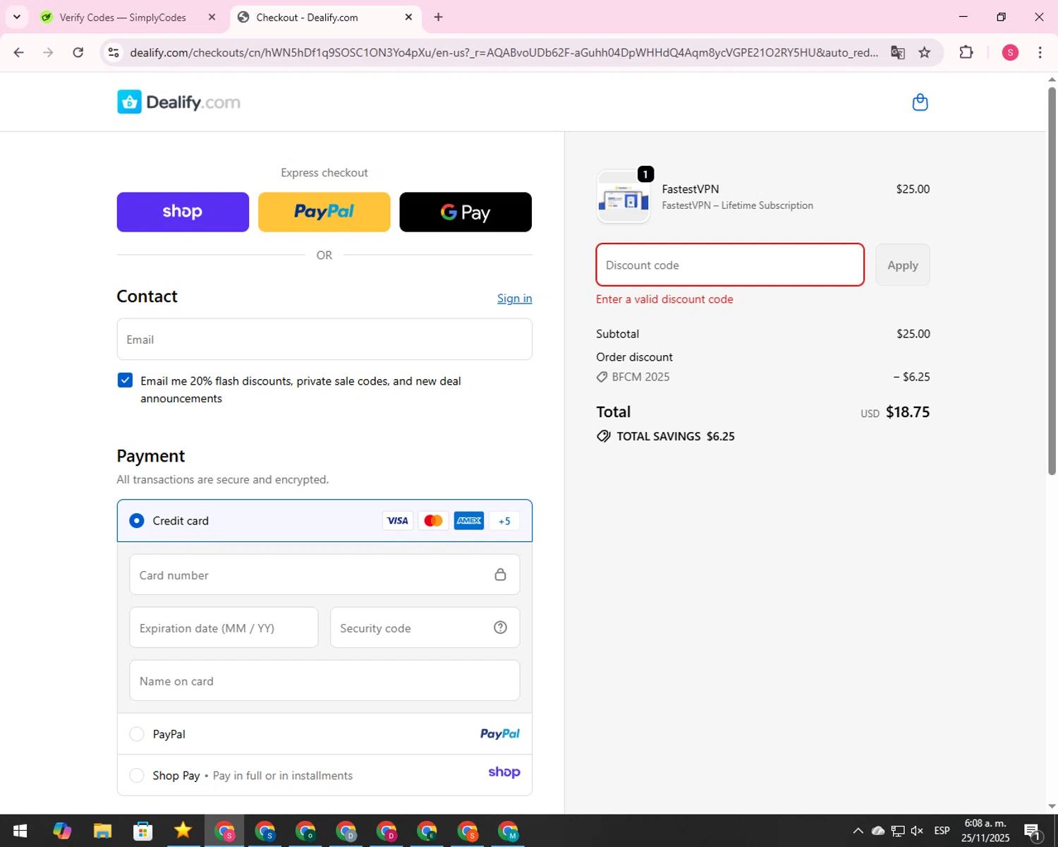 Dealify coupon code screenshot showing code trydealify applied at Dealify checkout page. Uploaded by SimplyCodes community member 00000056 on Nov 25, 2025