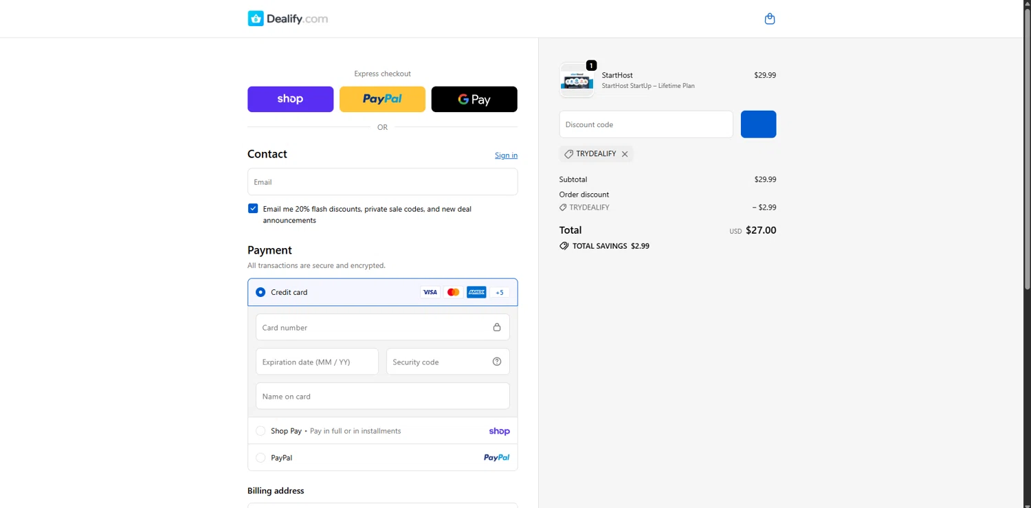 Dealify coupon code screenshot showing code trydealify applied at Dealify checkout page. Uploaded by SimplyCodes community member VoucherRanger9105 on Jan 23, 2026