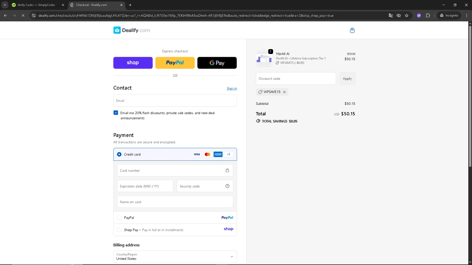 Dealify coupon code screenshot showing code VIPSAVE15 applied at Dealify checkout page. Uploaded by SimplyCodes community member SAKURA on Dec 3, 2025