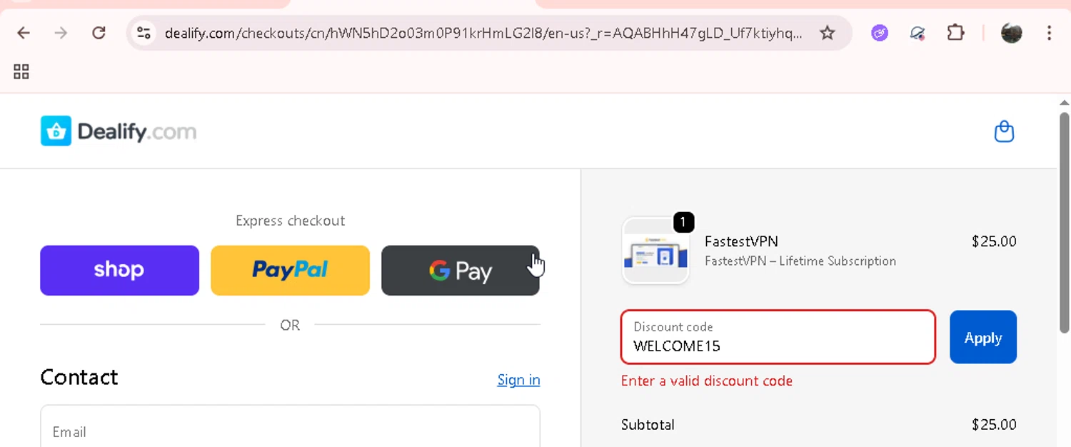 Dealify coupon code screenshot showing code WELCOME15 applied at Dealify checkout page. Uploaded by SimplyCodes community member JASTIFY on Nov 25, 2025