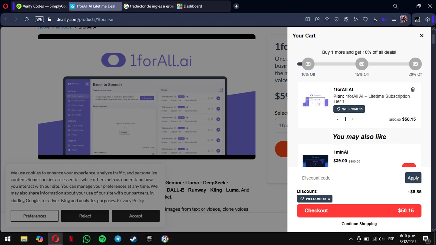 Dealify coupon code screenshot showing code WELCOME15 applied at Dealify checkout page. Uploaded by SimplyCodes community member mimusuky1 on Dec 3, 2025
