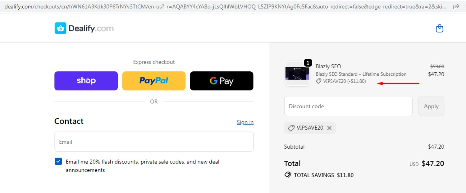 Dealify coupon code screenshot showing code VIPSAVE20 applied at Dealify checkout page. Uploaded by SimplyCodes community member EMILIANOMASABE on Dec 3, 2025