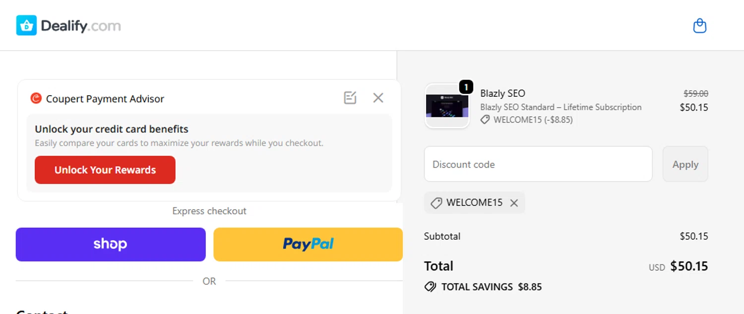 Dealify coupon code screenshot showing code WELCOME15 applied at Dealify checkout page. Uploaded by SimplyCodes community member couponcheck02 on Dec 3, 2025