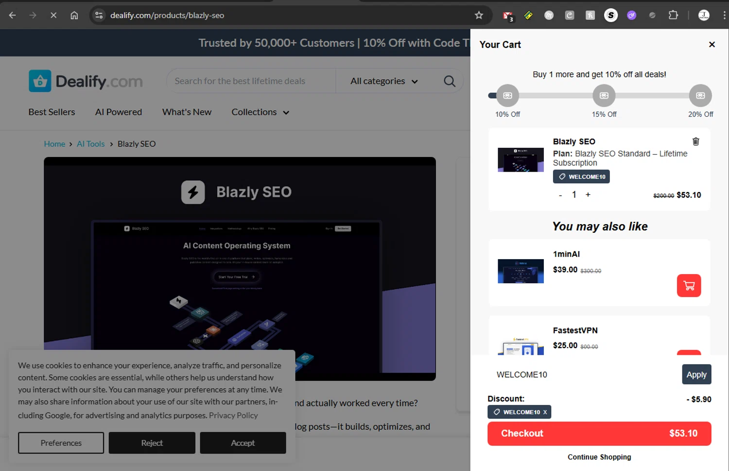 Dealify coupon code screenshot showing code WELCOME10 applied at Dealify checkout page. Uploaded by SimplyCodes community member couponcheck02 on Dec 3, 2025