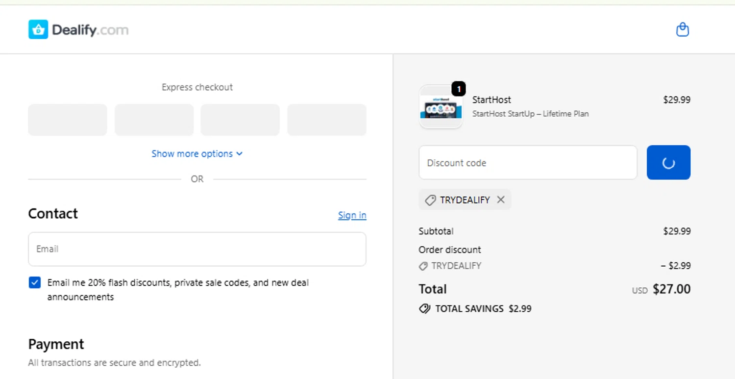 Dealify coupon code screenshot showing code TRYDEALIFY applied at Dealify checkout page. Uploaded by SimplyCodes community member carlosrivero on Dec 3, 2025