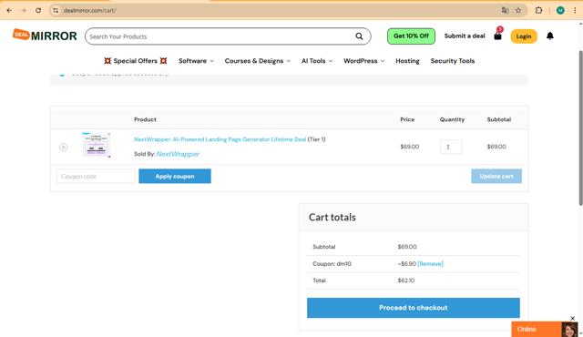 DealMirror checkout page showing DealMirror coupon code box | Screenshot taken by SimplyCodes community member on Aug 18, 2025