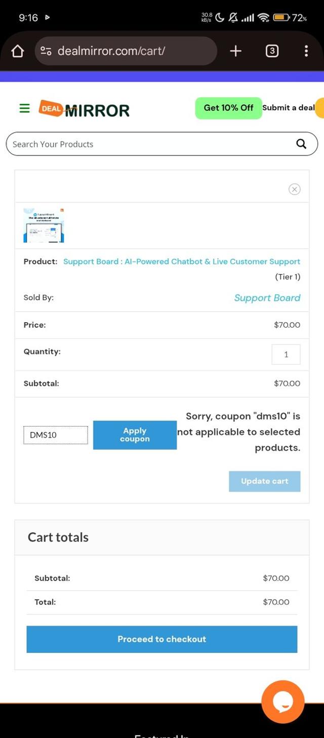 DealMirror checkout page showing DealMirror coupon code box | Screenshot taken by SimplyCodes community member on Sep 17, 2025