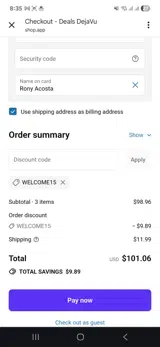 Welcome15 coupon verification screenshot