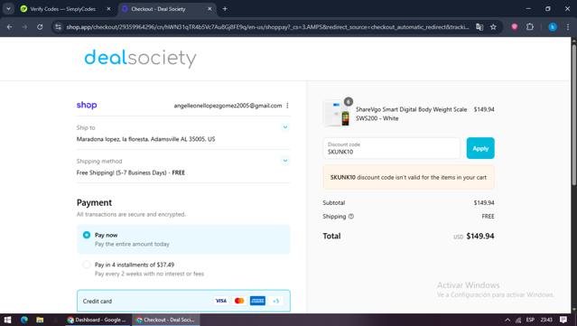 Deal Society checkout page showing Deal Society discount code box | Screenshot taken by SimplyCodes community member on Sep 16, 2025