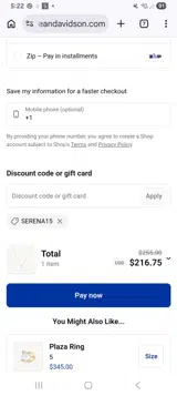 Serena15 coupon verification screenshot
