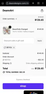 Deann Art coupon verification screenshot