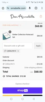 CARALYN15 coupon verification screenshot