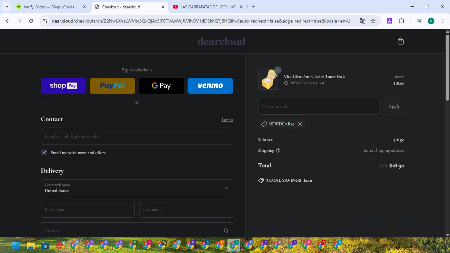 dearcloud promo code screenshot showing code NEWDEAR10 applied at dearcloud checkout page. Uploaded by SimplyCodes community member NobleSleuth2804 on Mar 27, 2025