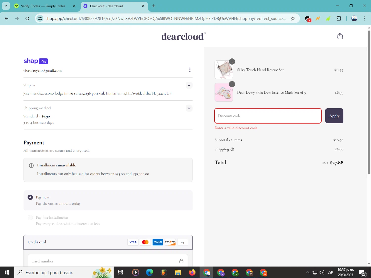 dearcloud promo code screenshot showing code SHOP25 applied at dearcloud checkout page. Uploaded by SimplyCodes community member Soyvictor on Mar 21, 2025