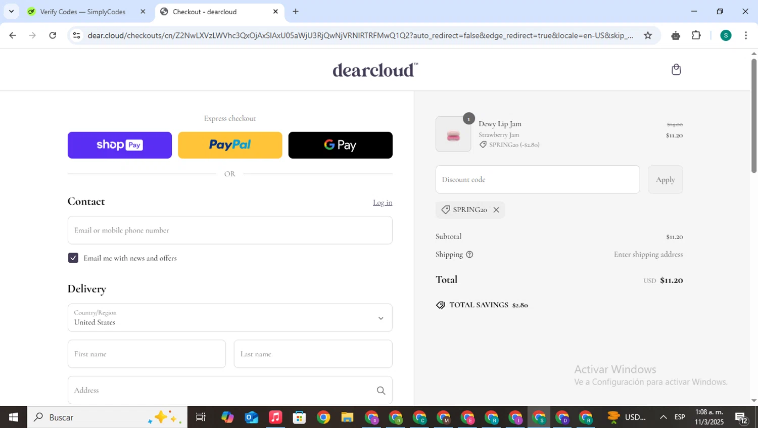 dearcloud promo code screenshot showing code SPRING20 applied at dearcloud checkout page. Uploaded by SimplyCodes community member VictoriousPilot5281 on Mar 11, 2025