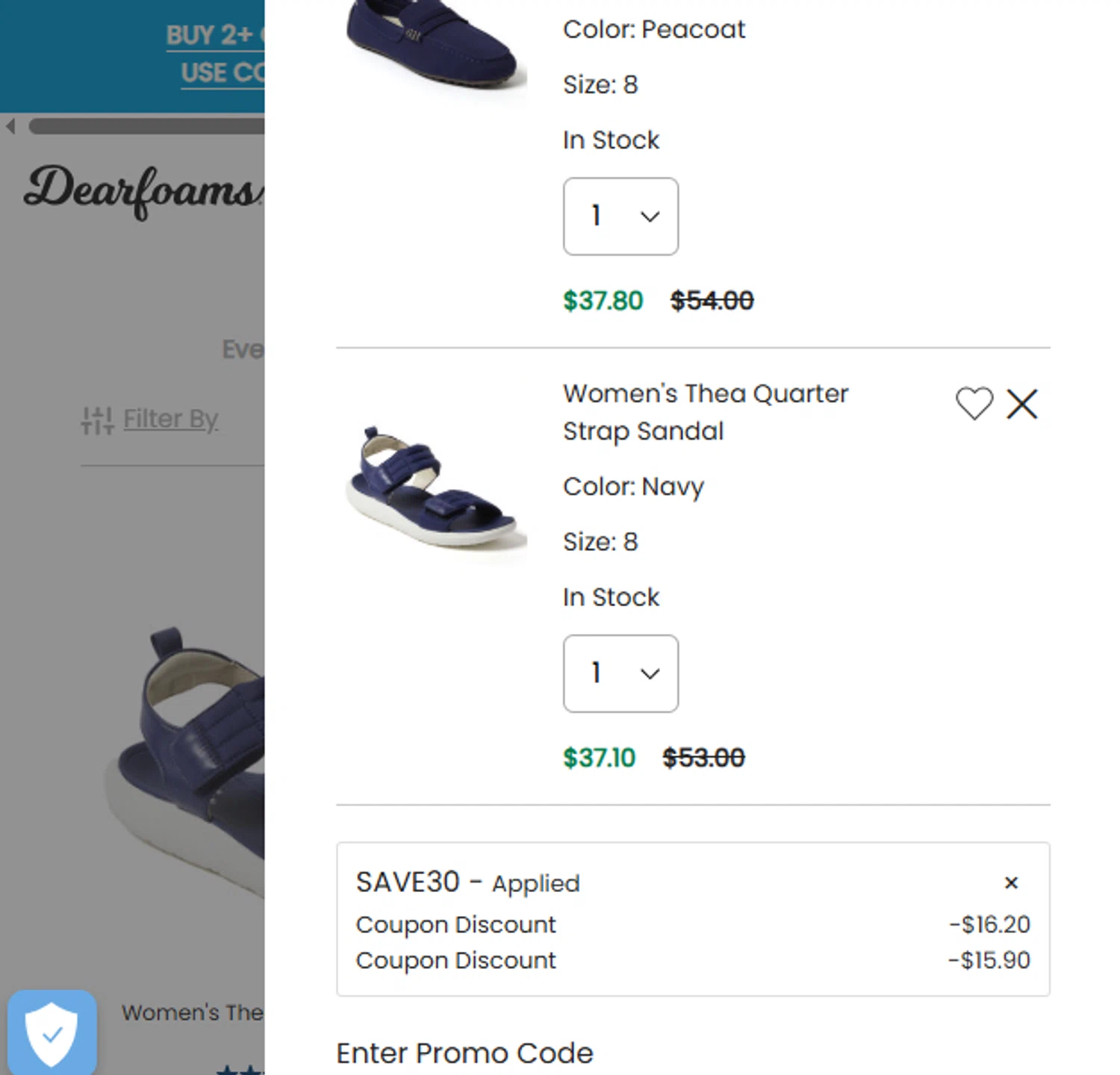 DearFoams promo code screenshot showing code SAVe30 applied at DearFoams checkout page. Uploaded by SimplyCodes community member josedanielacostaguan on Aug 20, 2025