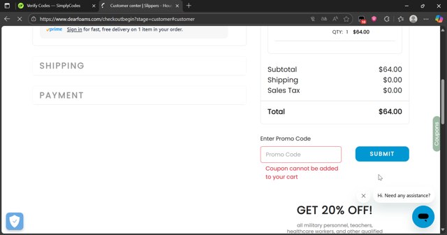 DearFoams checkout page showing DearFoams promo code box | Screenshot taken by SimplyCodes community member on Aug 26, 2025
