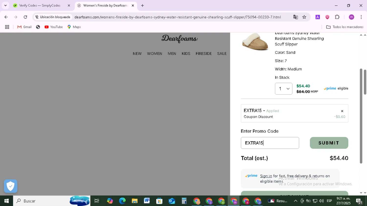 DearFoams promo code screenshot showing code EXTRA15 applied at DearFoams checkout page. Uploaded by SimplyCodes community member BudgetMonarch8952 on Jul 27, 2025