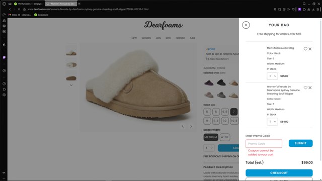 DearFoams checkout page showing DearFoams promo code box | Screenshot taken by SimplyCodes community member on Aug 19, 2025