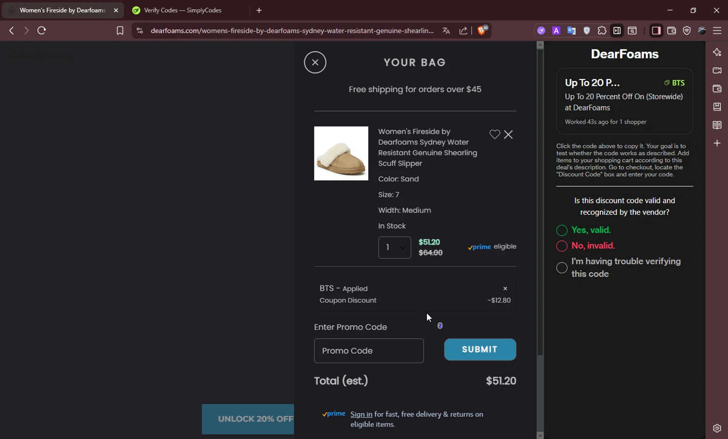 DearFoams promo code screenshot showing code bts applied at DearFoams checkout page. Uploaded by SimplyCodes community member Ema007 on Aug 8, 2025