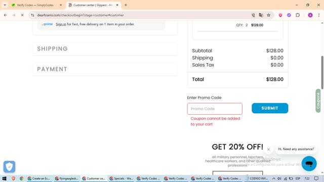 DearFoams checkout page showing DearFoams promo code box | Screenshot taken by SimplyCodes community member on Aug 30, 2025
