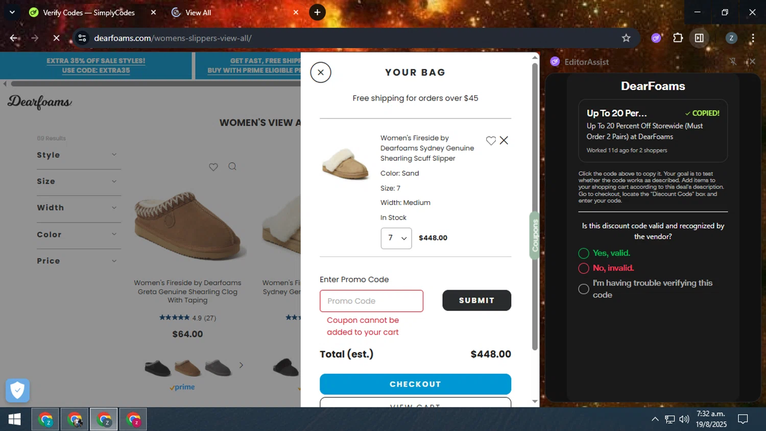 DearFoams promo code screenshot showing code bts applied at DearFoams checkout page. Uploaded by SimplyCodes community member zadquiel on Aug 19, 2025