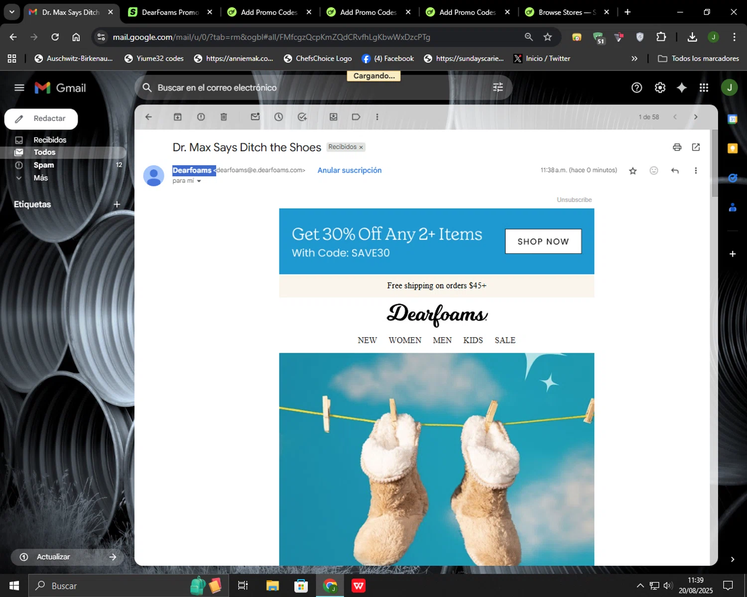 DearFoams promo code screenshot showing code SAVE30 applied at DearFoams checkout page. Uploaded by SimplyCodes community member Codehunter on Aug 20, 2025