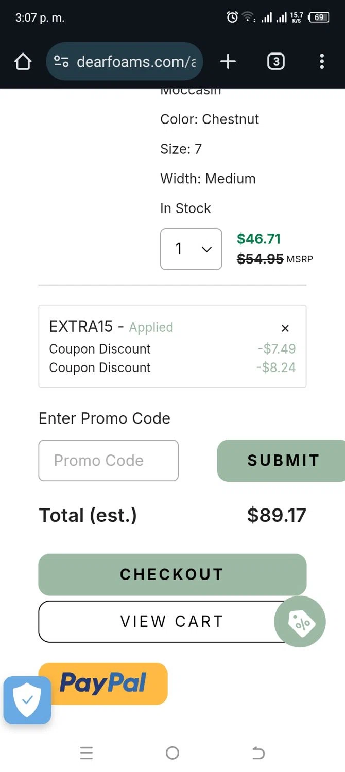 DearFoams promo code screenshot showing code EXTRA15 applied at DearFoams checkout page. Uploaded by SimplyCodes community member SavvyKnight1756 on Apr 17, 2025