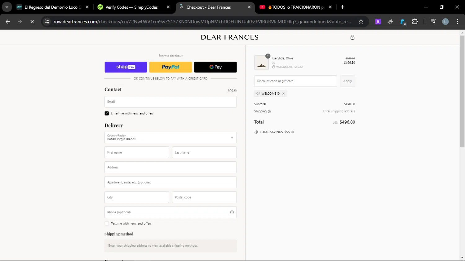 Dear Frances discount code screenshot showing code welcome10 applied at Dear Frances checkout page. Uploaded by SimplyCodes community member JuanChi on Feb 14, 2025