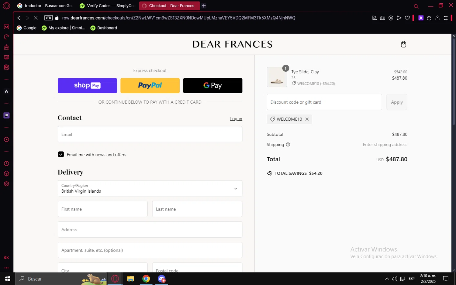Dear Frances discount code screenshot showing code welcome10 applied at Dear Frances checkout page. Uploaded by SimplyCodes community member LuckyVoyager5522 on Feb 2, 2025